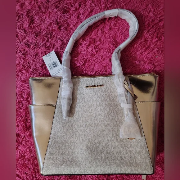 NWT Michael Kors Gold and Cream Women's Bag 11"L X 10"H. - Picture 1 of 7